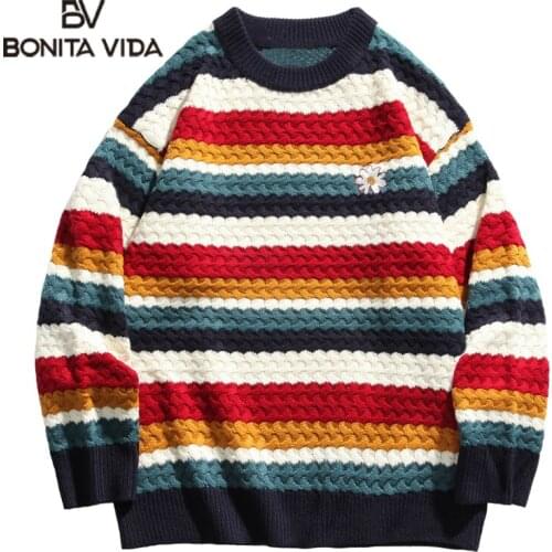 Bonita Vida Knitted Rainbow Stripes Embroidery Daisy Flower Sweaters Streetwear Men Women Fashion Casual Pullovers Knitwear Tops