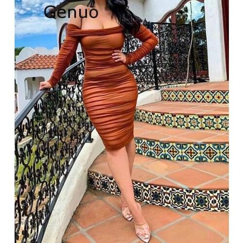 Genuo Runway Black Ruched Mini Dress Womens Elegant Long Sleeve Bodycon Pleated Mesh Party Dress Night Out Vestidos Clubwears