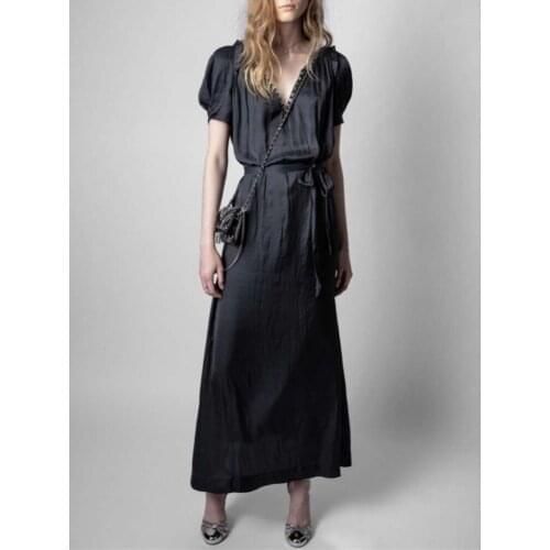 Women V-Neck with Buttons Midi Dress 2021 Early Autumn Short Sleeve Ladies Fashion 100% Viscose Long Dresses Robe with Sashes
