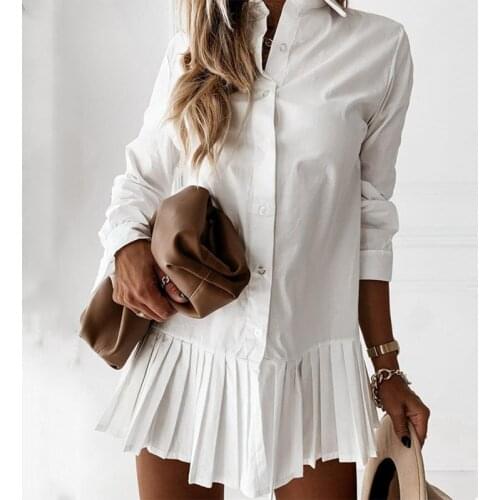 Spring Long Sleeve White Pleated Mini Shirt Dresses Women Casual Turn Down Collar Mini Dress Button Lady A Line Office Vestidos