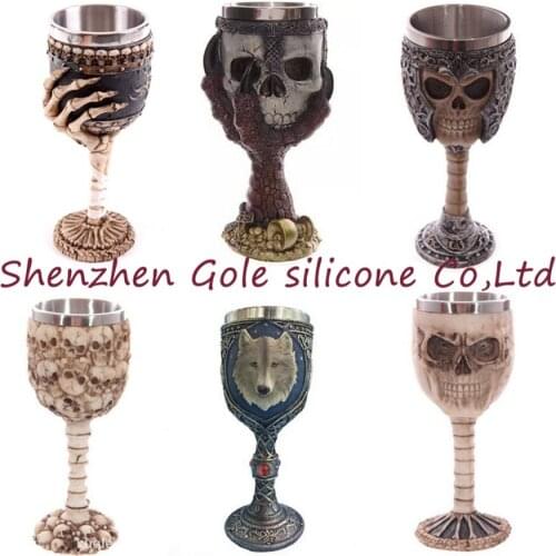 24pcs/lot 200ml Double Wall Resin Stainless Steel 3D Skull Drinking Mug Personalized Dragon Bone Skull Metal Wine Goblet Cup Mug