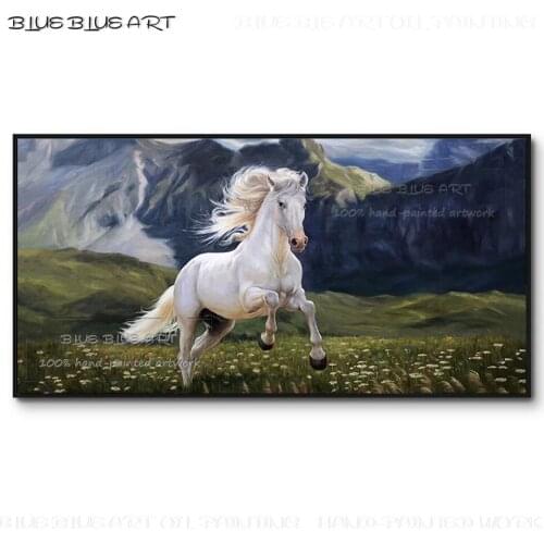 Expert Painter Pure Hand-painted White Horse Oil Painting on Canvas Classical Art Running White Horse Oil Painting for Bedroom