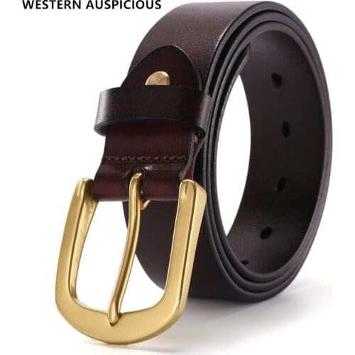 WESTERN AUSPICIOUS Cow Leather Belt Men With Solid Brass Buckle Ceinture Homme Cowskin Straps Full Grain Natural Leather Belts