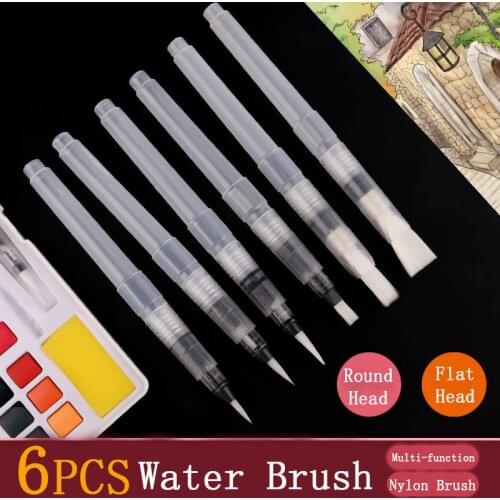 6pcs Refillable Water Brush Pen Set Nylon Paint Brush Water Color Brush Ink Pen for Painting Calligraphy Drawing Art Supplies