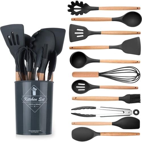 12 pcs Silicone Kitchen Utensil Set BPA Free Non Toxic Cooking Utensils Wooden Handle with Storage Box kitchen Tools