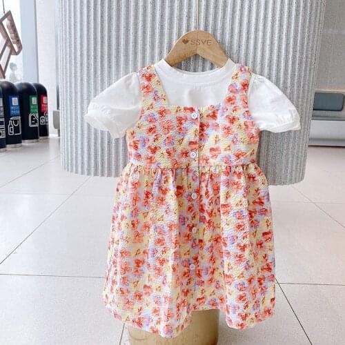 Girls Outfits 2021 Summer New Girls Set Casual Solid Short Sleeve Blouse and Floral Dress 2Pcs Suit Kids Clothing for Girls