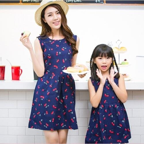 Girl Dress Baby Clothes Casual Summer Matching Mother Daughter Dresses Plus Size Lady Cherry Print Cotton Family Clothing