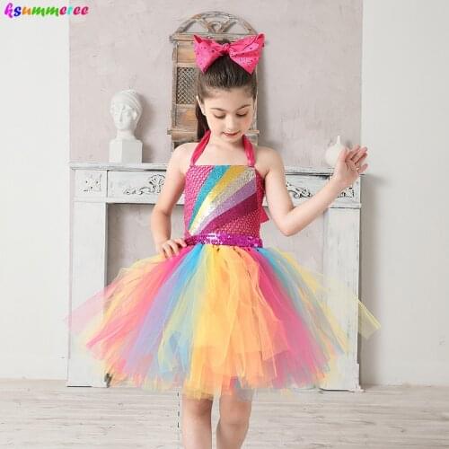 Jojo Siwa Inspired Girls Tutu Dress with Deluxe Bow Sparkly Rainbow Girls Princess Dress Kids Birthday Party Halloween Clothes