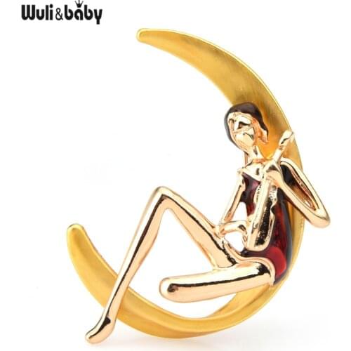Wuli&baby Playing Guitar Girl Brooches Women Metal Sitting on Moon Lady Music Instrument Enamel Weddings Brooch Pins Gifts