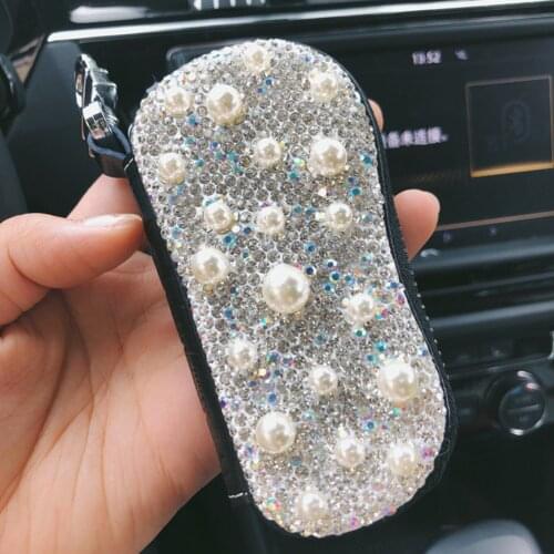 Bling Bling White Red Rhinestone Crystal Pearl Car Remote Key Cover for Car Key Bag Shell Case