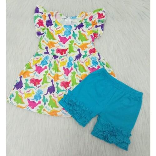 Latest kids clothes little girls colorful dinosaur print top and solid color icing ruffle shorts girl flutter sleeve summer set