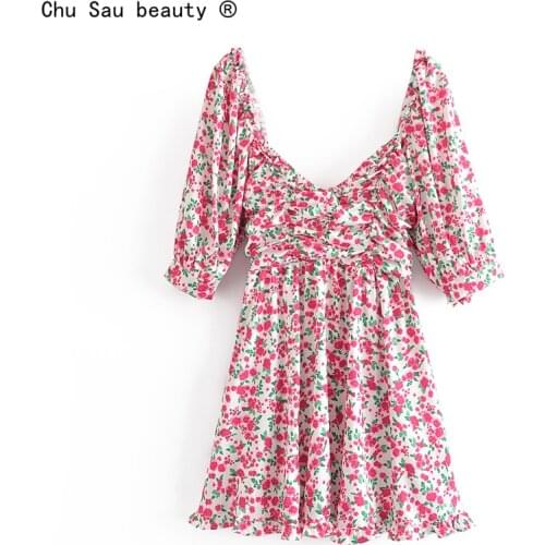 2021 Summer Floral Print Square Collar Sexy Folds Tight-Fitting Backless Lantern Sleeves Mini Women Dress Zipper Vestido